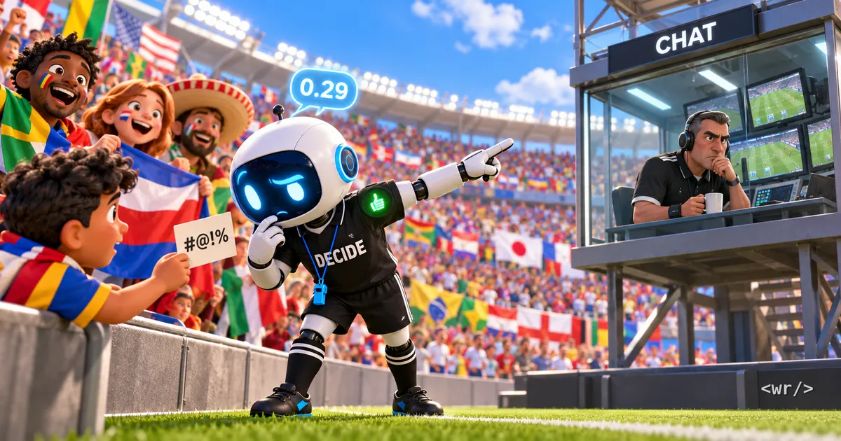 A small white robot referee with DECIDE on its shirt squints at a fan's card reading #@!% in a stadium full of international flags, a 0.29 bubble over its head, and points to the VAR booth marked CHAT, where a human referee watches the monitors